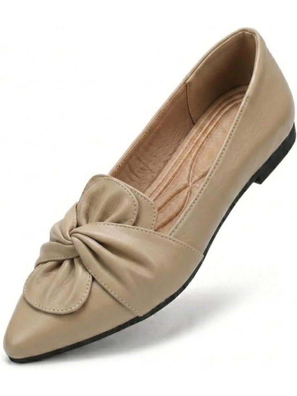Women's Nude Soft PU Leather Pointed Toe Ballet Flat Non-Slip Rubber Sole Shoes